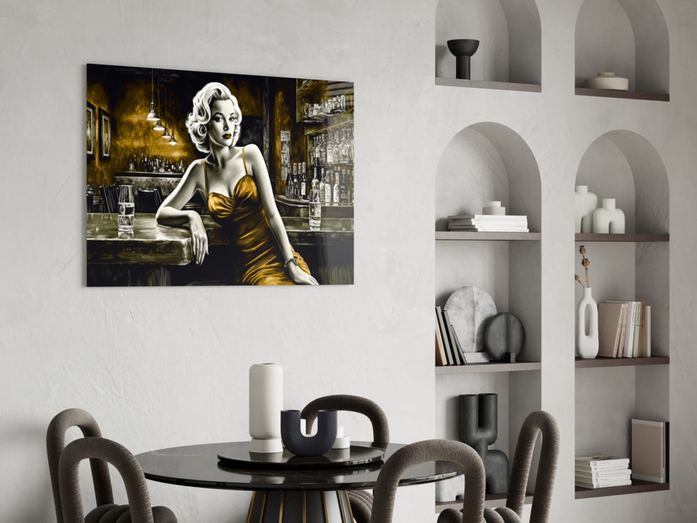 Blonde Bombshell at the Bar Glass Wall Art || Designer Collection