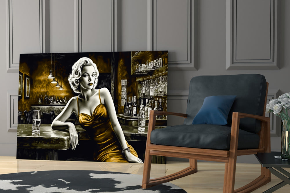 Blonde Bombshell at the Bar Glass Wall Art || Designer Collection