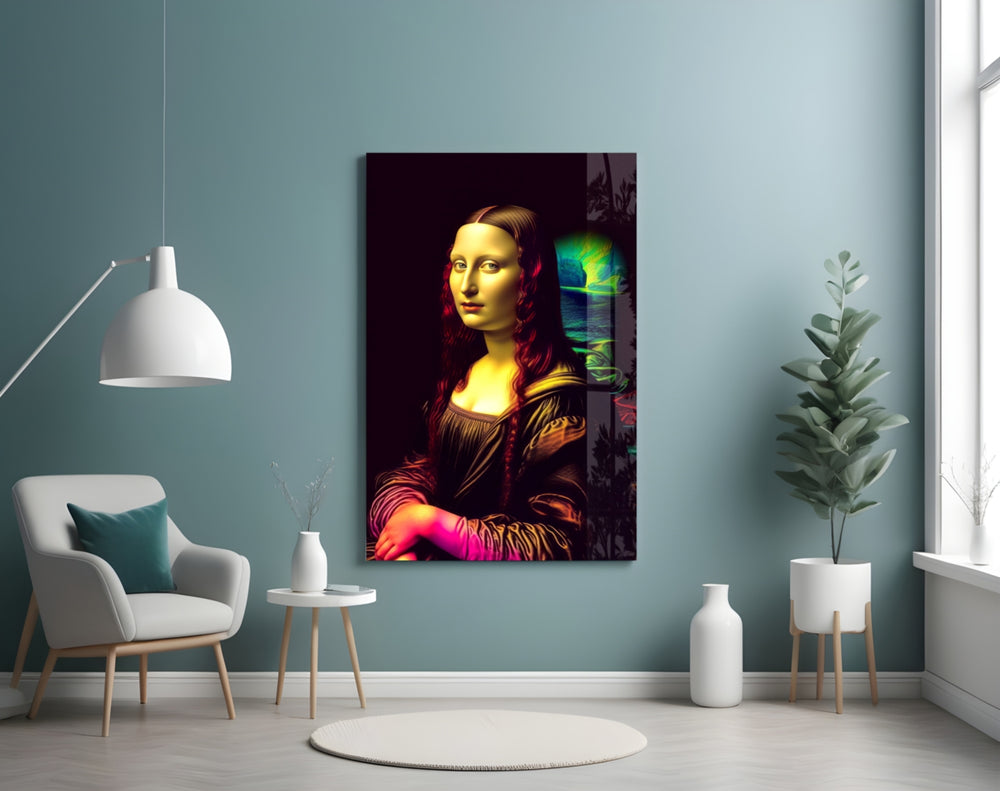 Mona Lisa V2 glass wall art styled above a sideboard in a media room