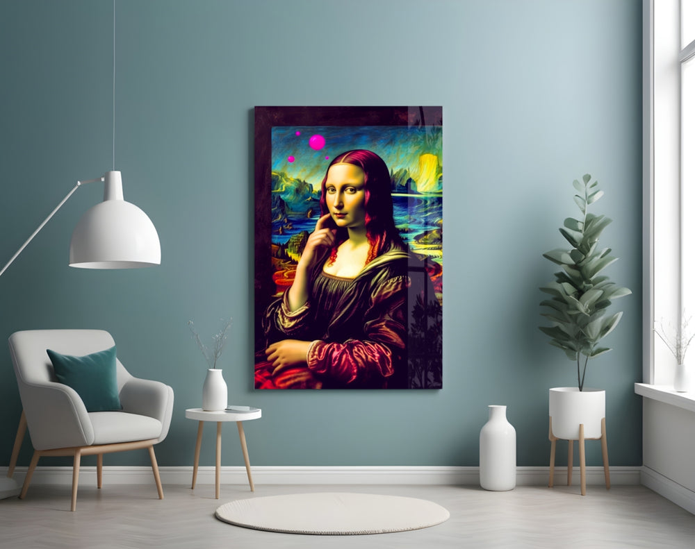 Mona Lisa V2 glass wall art styled above a sideboard in a media room