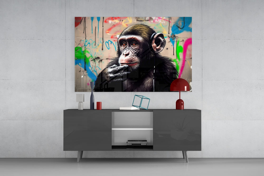 Thinking Monkey panel catching lamp light to reveal its urban grit