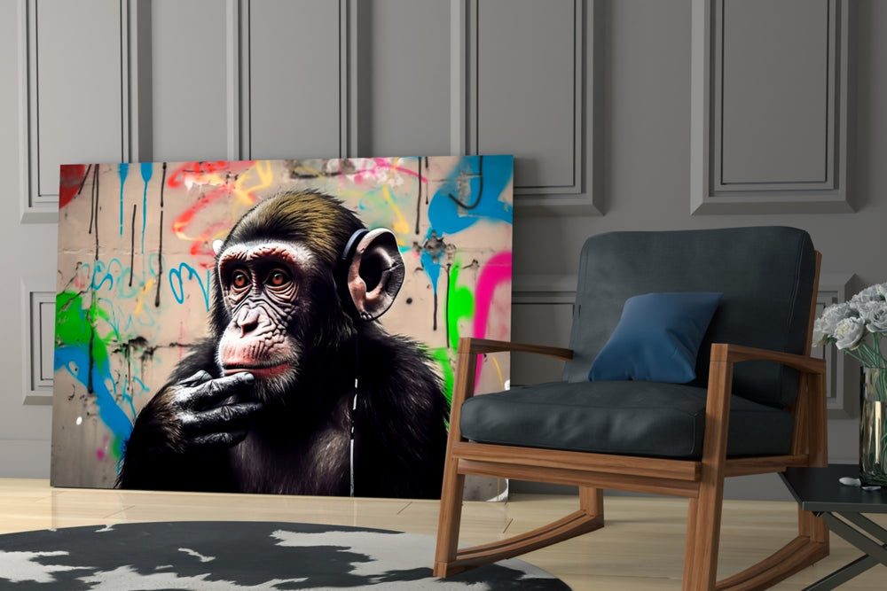 Thinking Monkey glass print enhancing a media room with statement palette