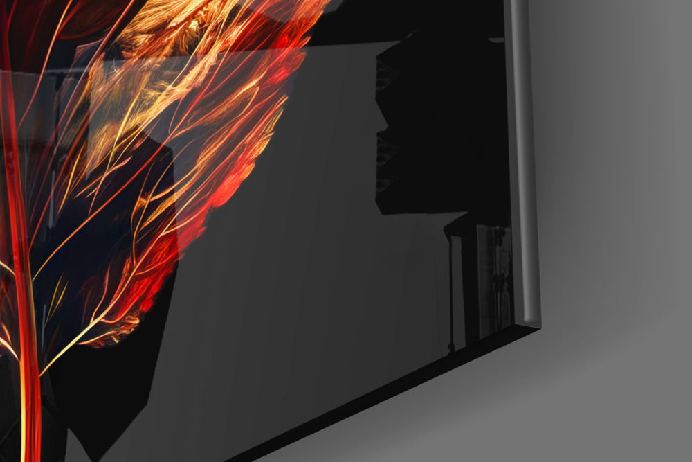 Botanical-specimen artwork anchoring a wall with sapphire-and-ember palette