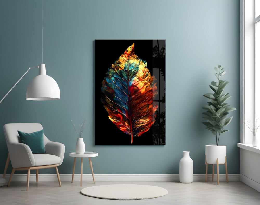 Autumn Leaf glass wall art styled above a desk in a study