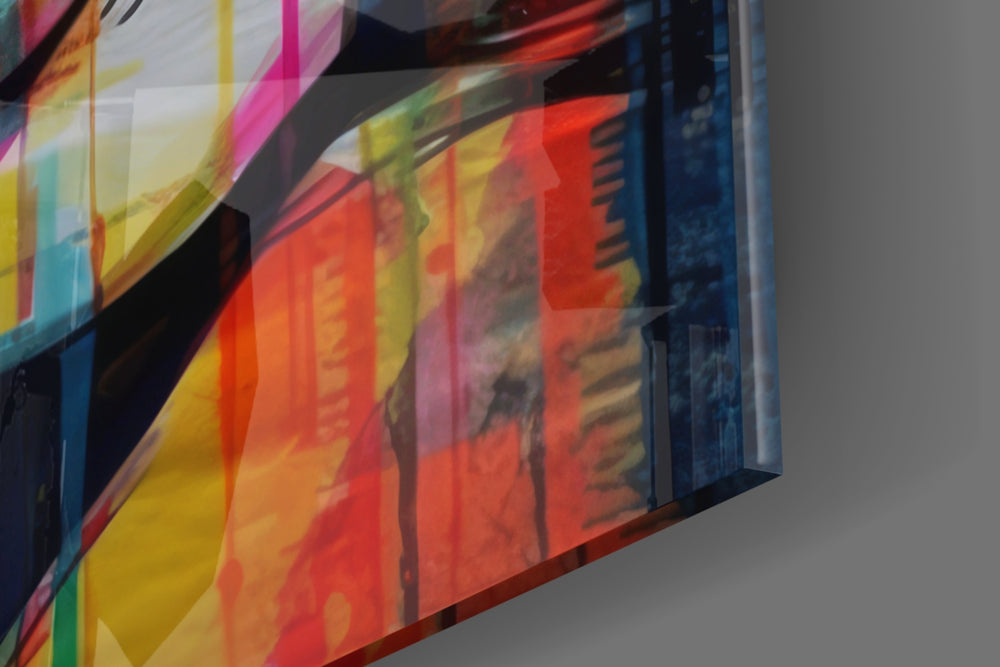Feminine-muse artwork anchoring a wall with newsprint-and-neon palette