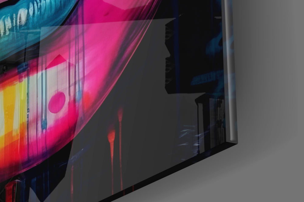 Feminine-muse artwork anchoring a wall with neon-drip palette