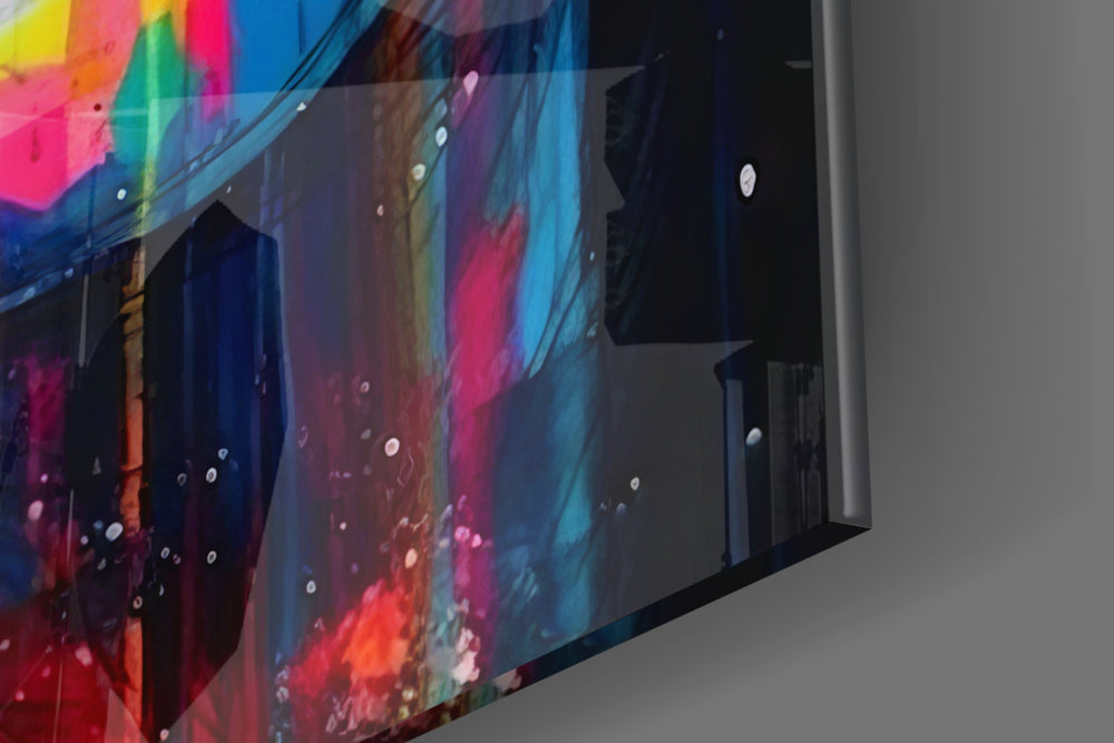 Feminine-muse artwork anchoring a wall with spectrum-drip palette