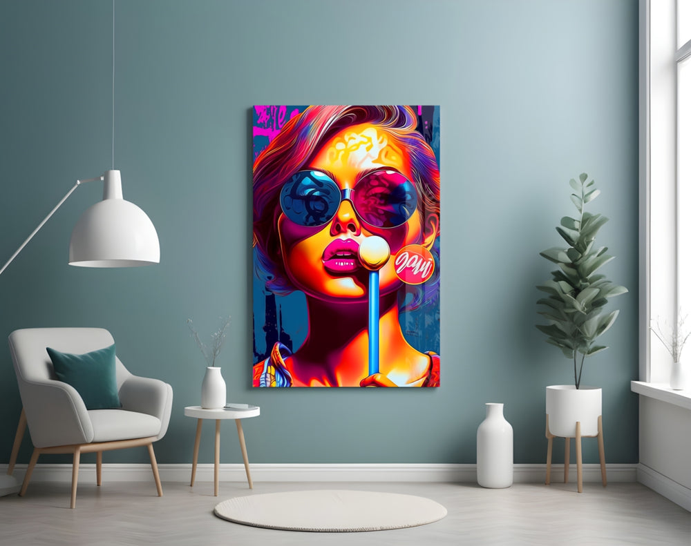 Lollipop glass wall art styled above a desk in a creative office