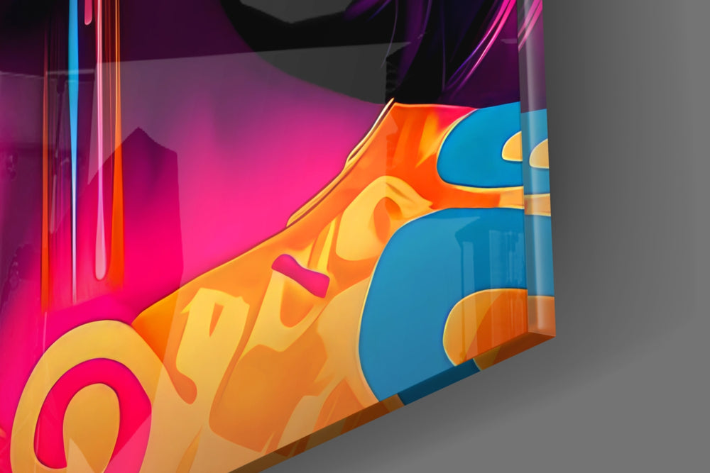 Candy-muse artwork anchoring a wall with cyan-and-magenta palette