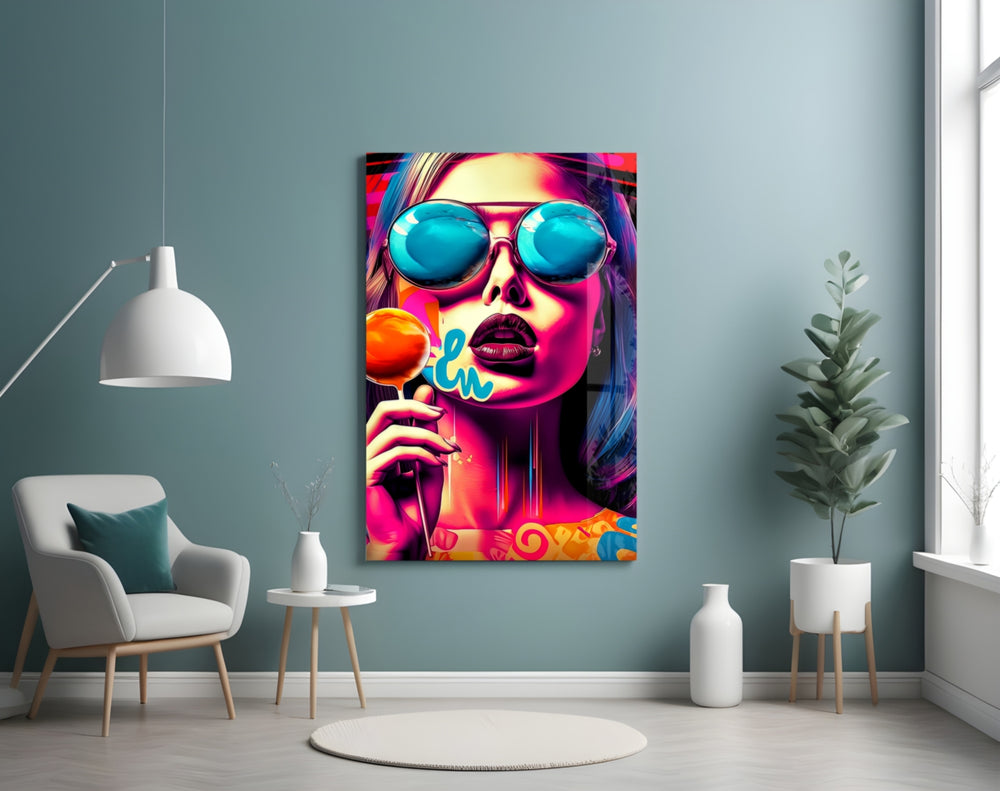 Lollipop glass wall art styled above a desk in a creative office