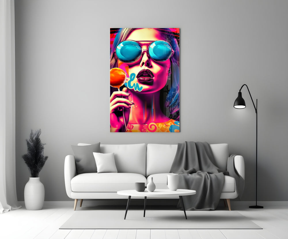 Lollipop close-up showing cyan-mirror sunglasses and orange lollipop