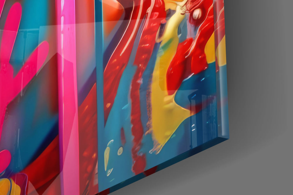 Candy-muse artwork anchoring a wall with melted-neon palette