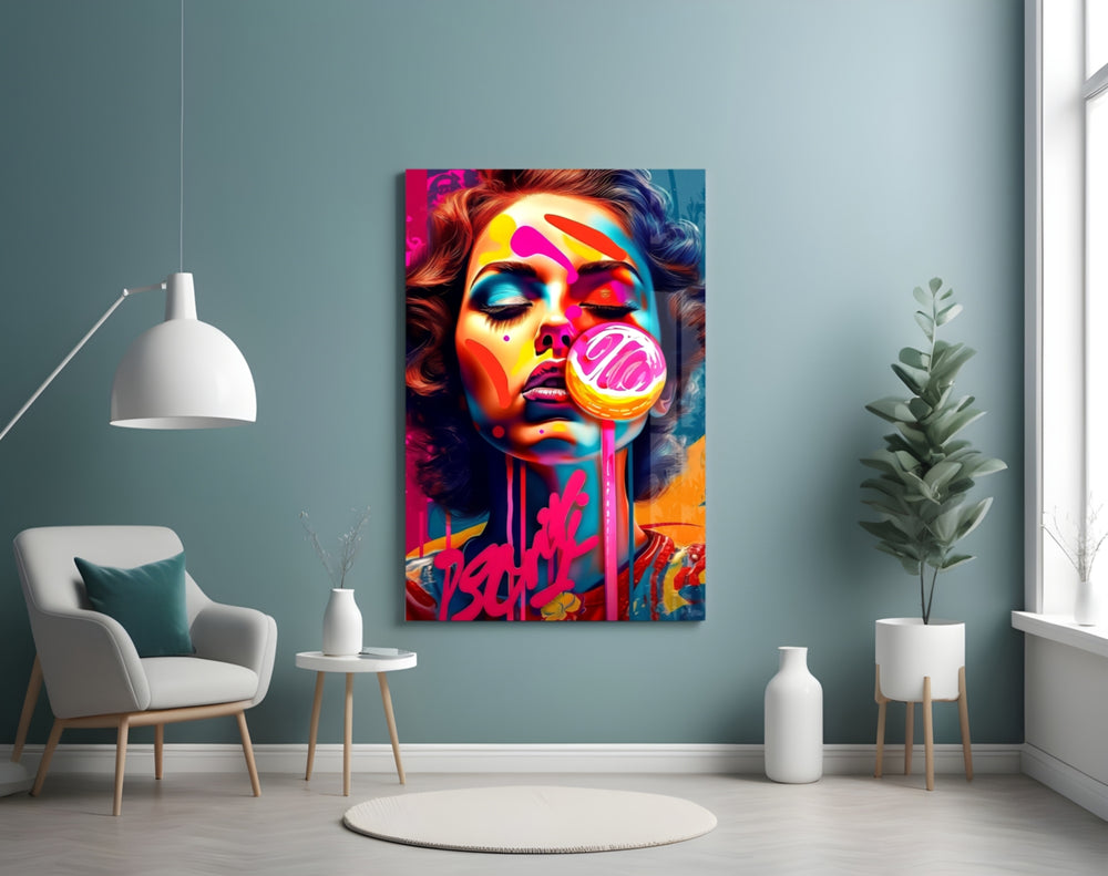 Lollipop glass wall art styled above a desk in a creative office