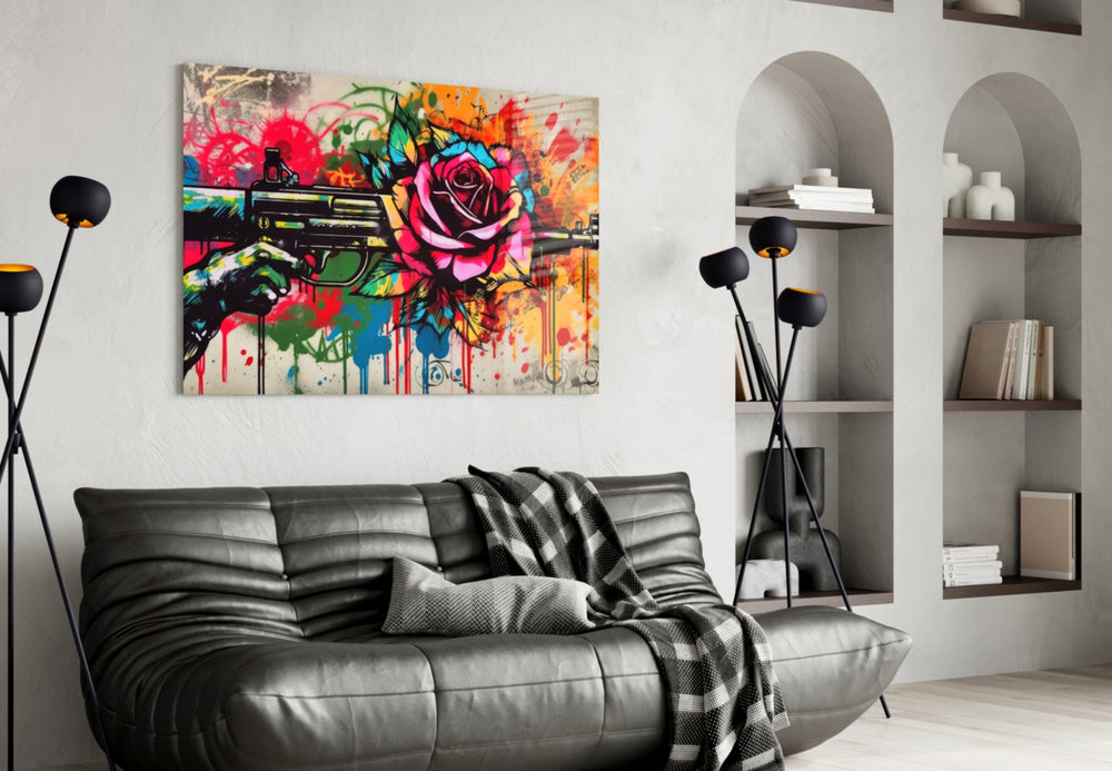 Rose Bullet glass wall art styled above a sideboard in a media room