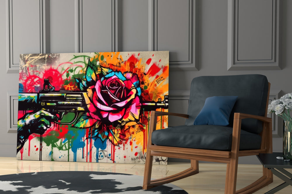 Rose Bullet glass print enhancing a den with statement message