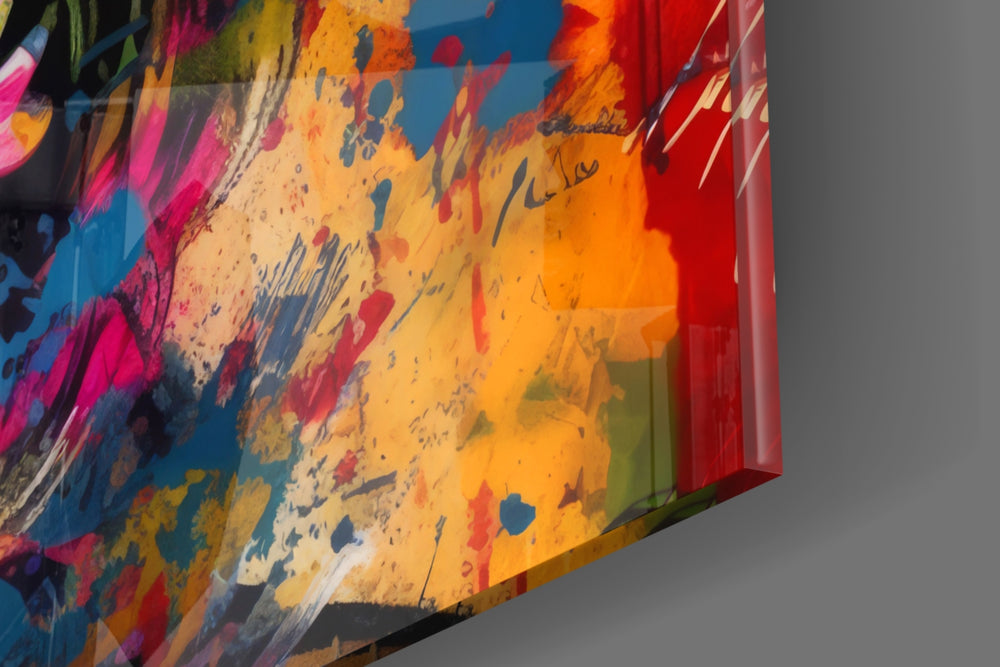 Reimagined-icon artwork anchoring a wall with monochrome-and-neon palette