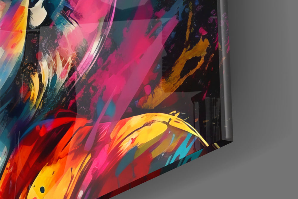 Reimagined-icon artwork anchoring a wall with rainbow-aviator palette