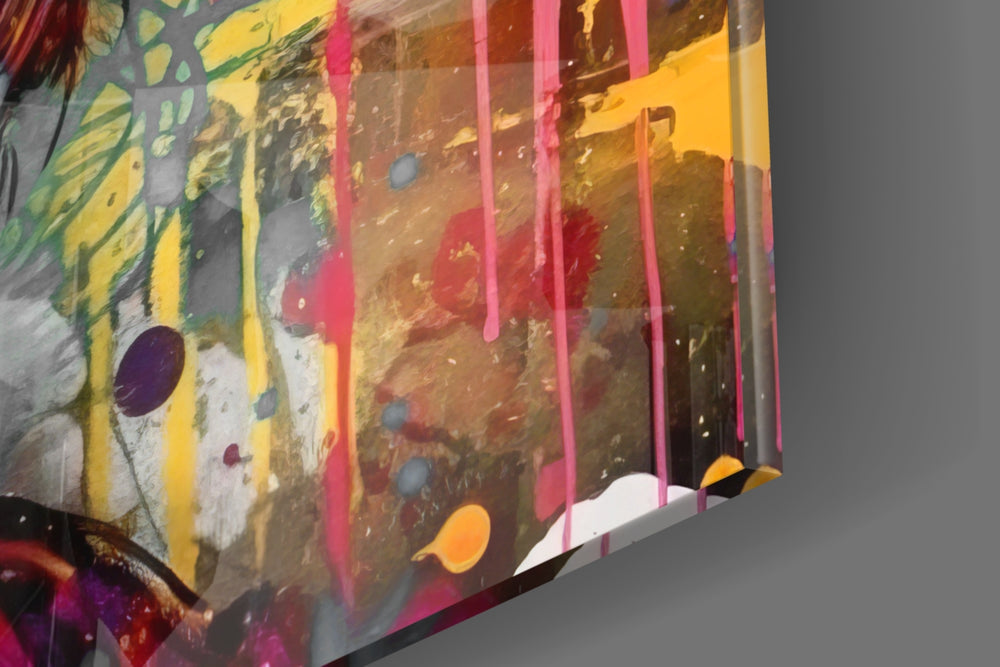 Reimagined-icon artwork anchoring a wall with red-frame-grunge palette