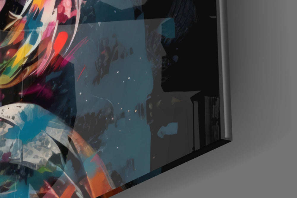 Reimagined-icon artwork anchoring a wall with obsidian-prism palette