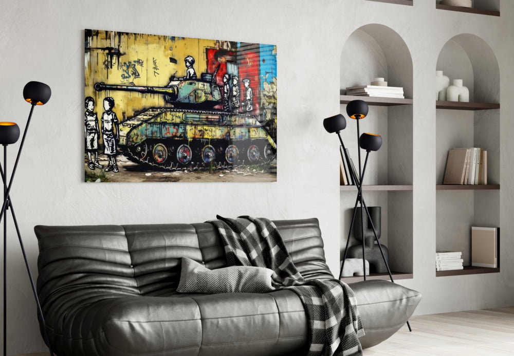 Children of War glass wall art styled above a sideboard in a media room