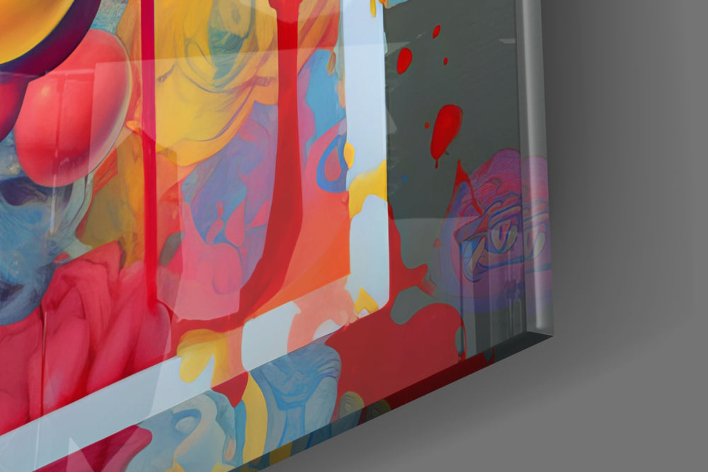 Clown-muse artwork anchoring a wall with balloon-and-rose palette