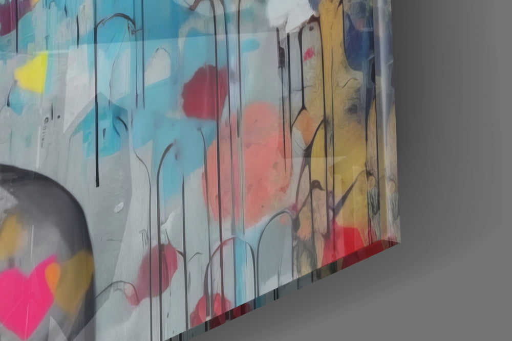 Candy-muse artwork anchoring a wall with cyan-and-confetti palette