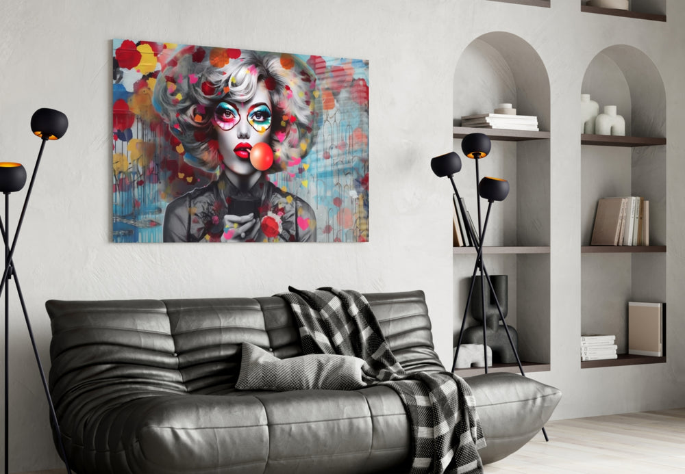 Lollipop glass wall art styled above a desk in a creative office