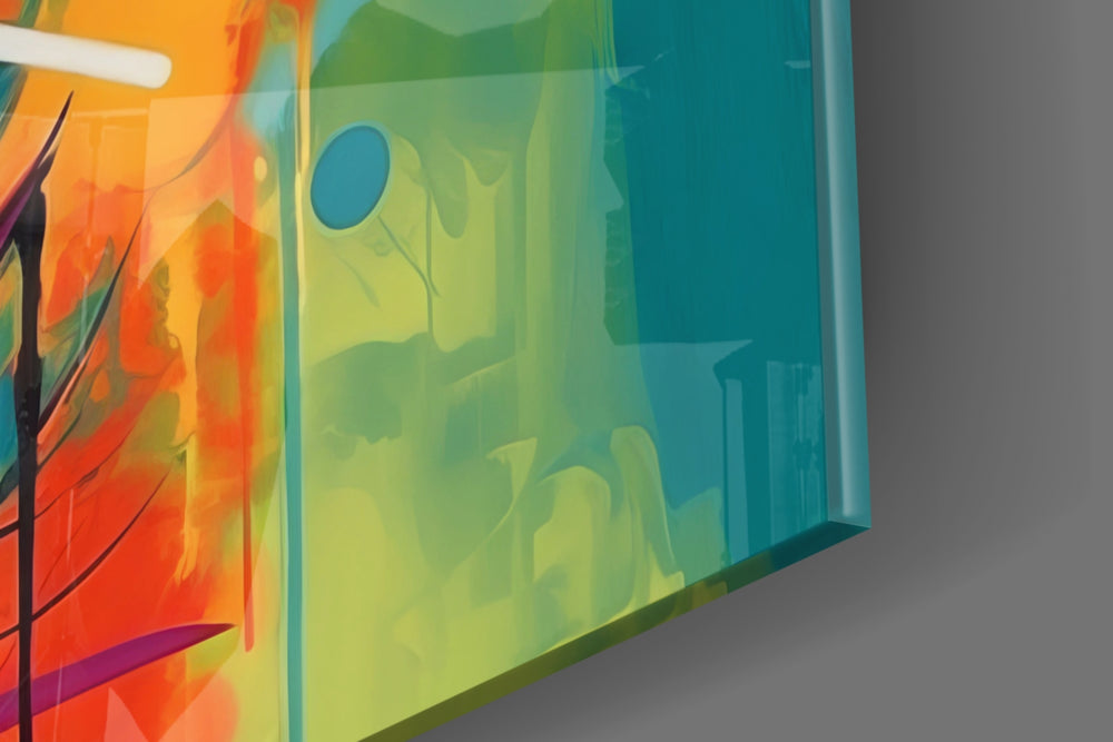 Candy-muse artwork anchoring a wall with oil-faceted-neon palette