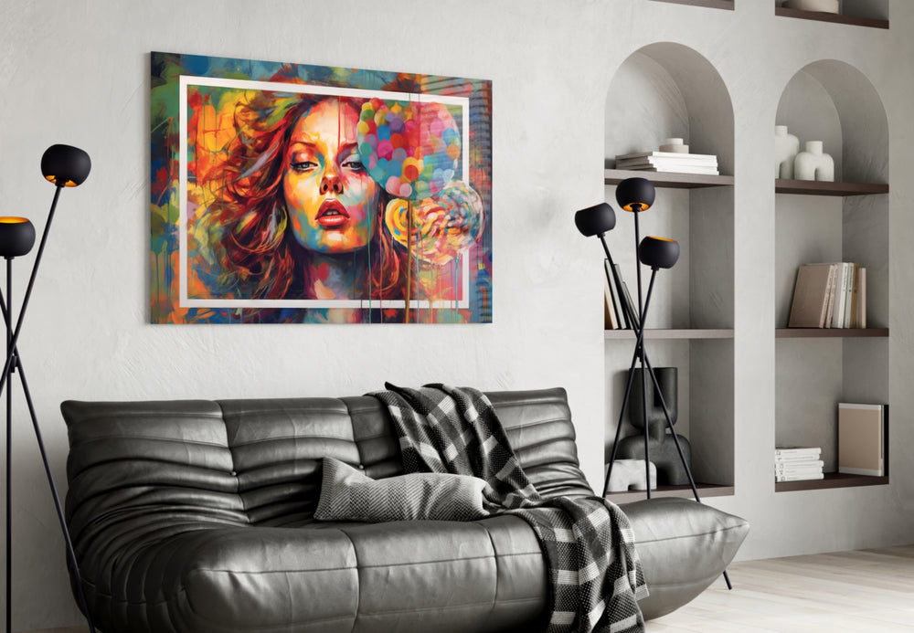 Orange Kiss glass wall art styled above a console in a boutique