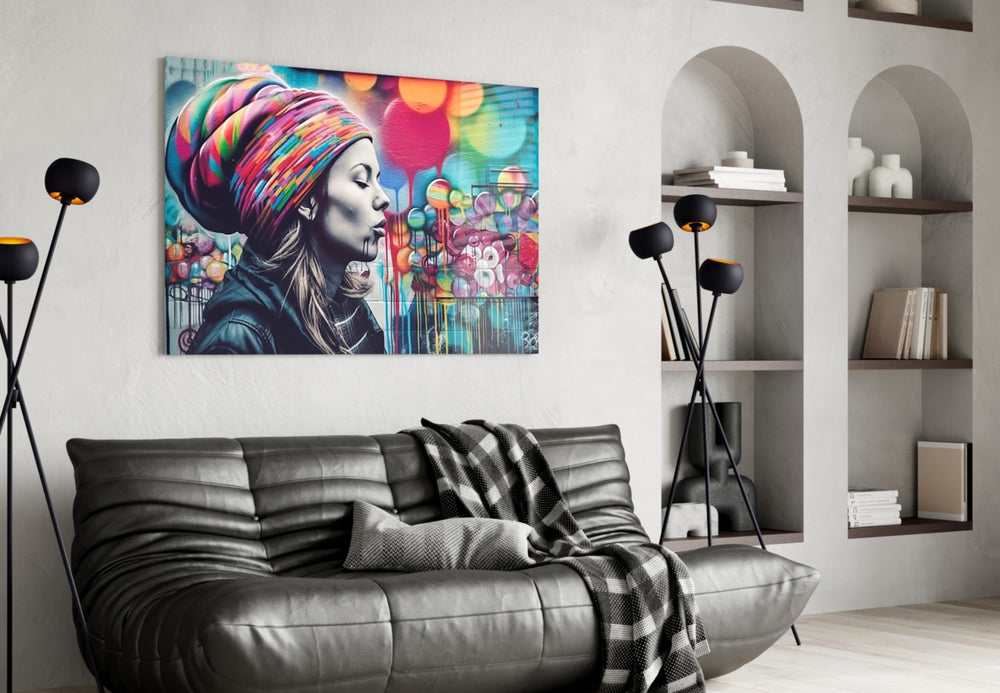 Peaceful Mind glass wall art styled above a sideboard in a den