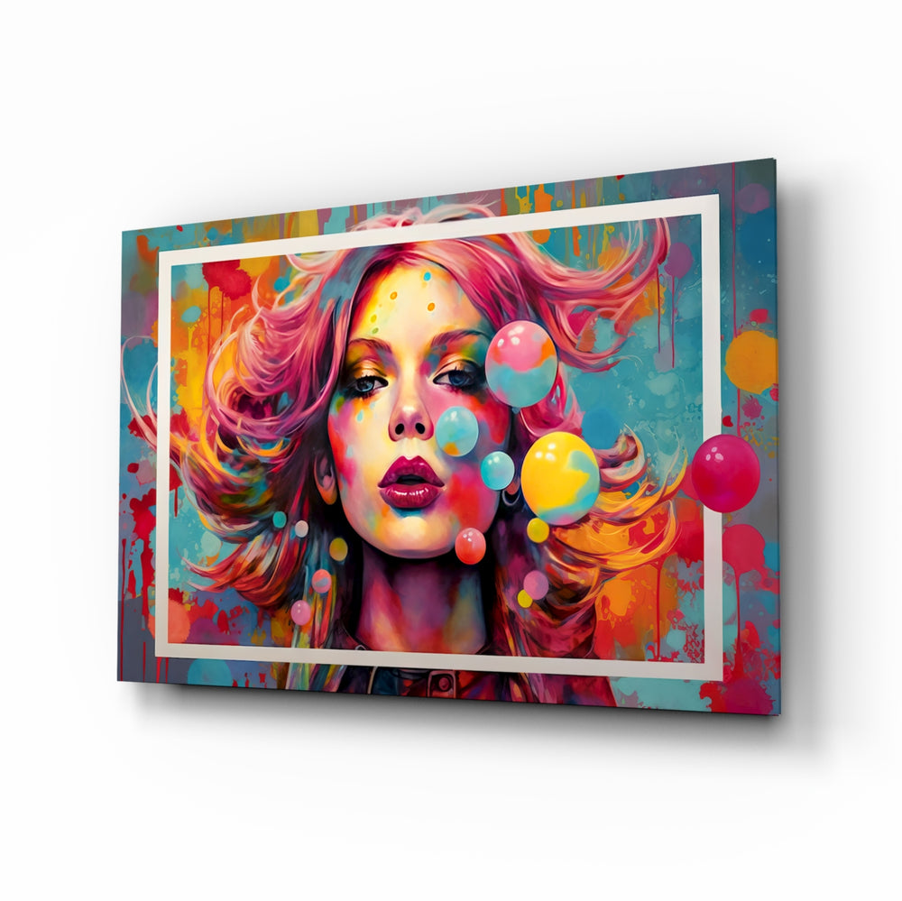 Bubbles and Kisses glass wall art displayed above a vanity in a dressing room