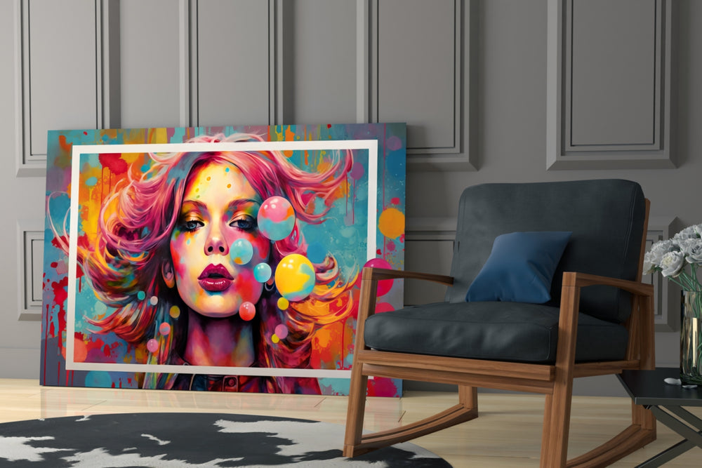 Bubbles and Kisses glass print enhancing a media room with statement palette