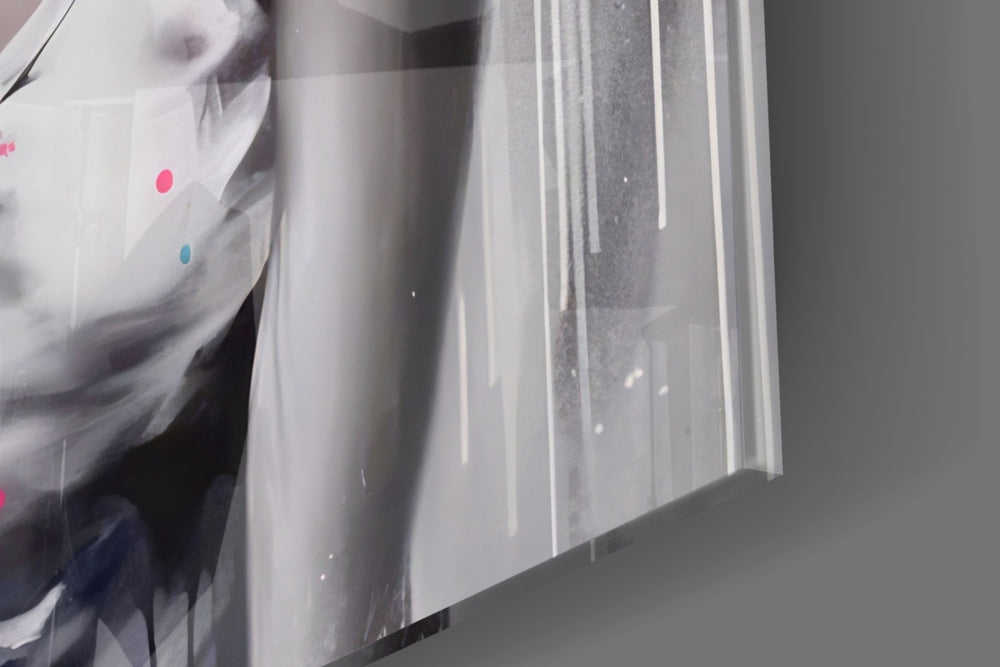 Introspective-muse artwork anchoring a wall with chromatic-burst palette