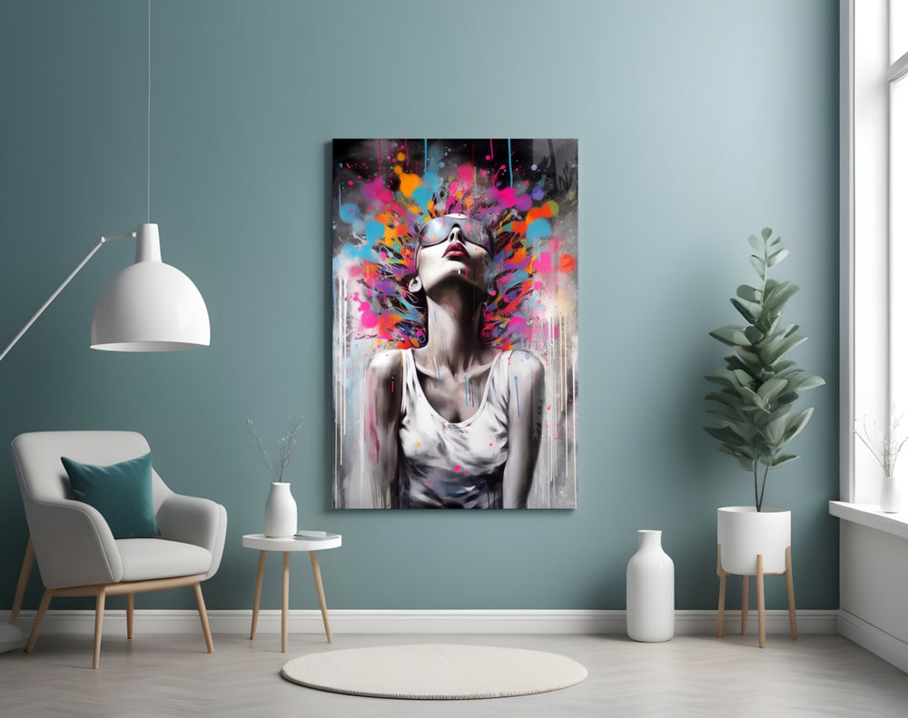 Colors in My Head glass wall art styled above a console in a meditation corner