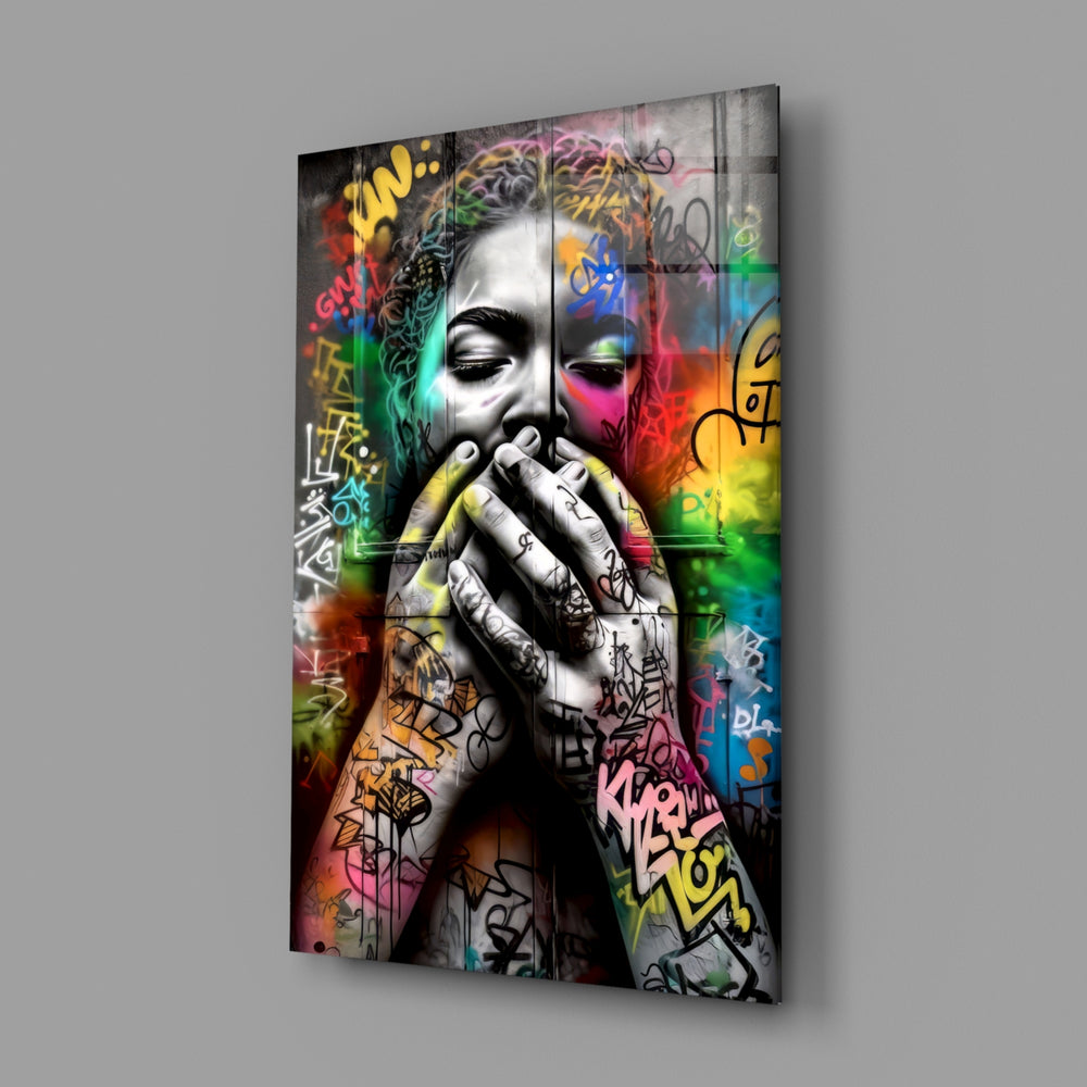 Graffiti-overlay panel bringing urban grit to a contemporary loft