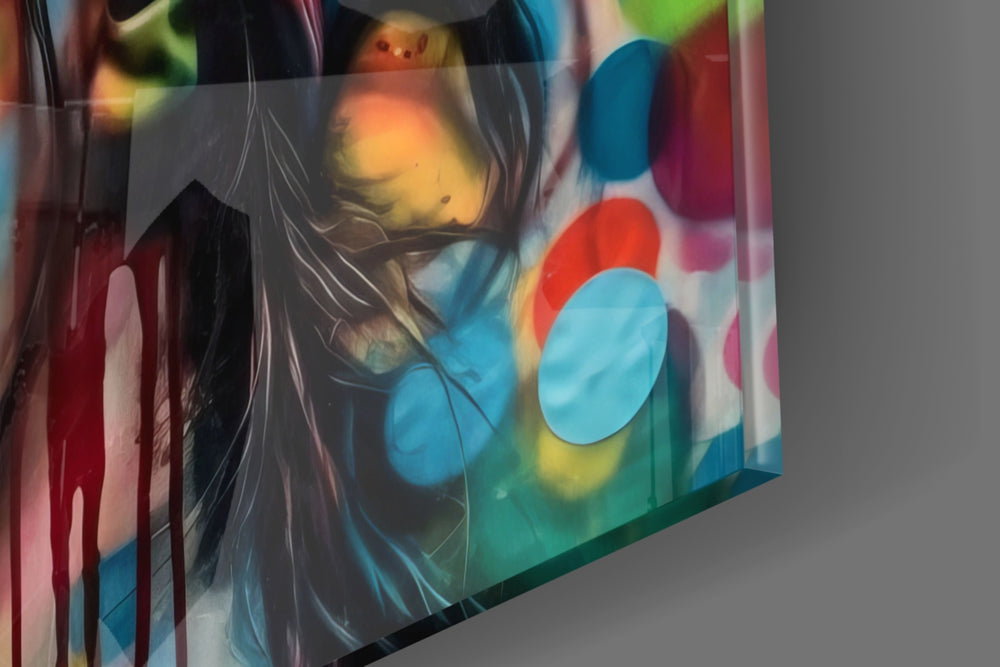 Contemplative-muse artwork anchoring a wall with polka-dot-bokeh palette