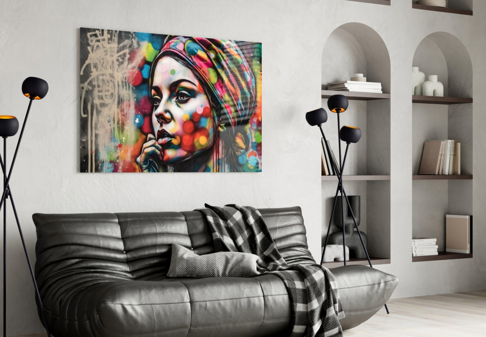 Peaceful Mind glass wall art styled above a sideboard in a den