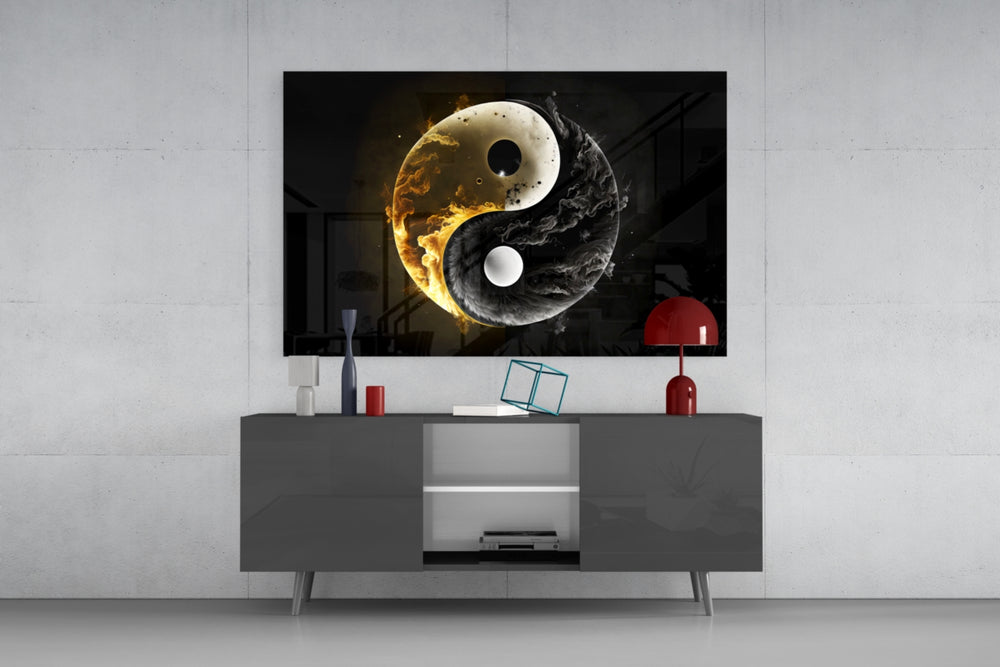 Ying Yang panel catching lamp light to reveal its painterly depth