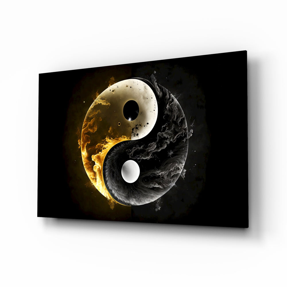 Ying Yang glass wall art displayed above a meditation cushion in a yoga studio