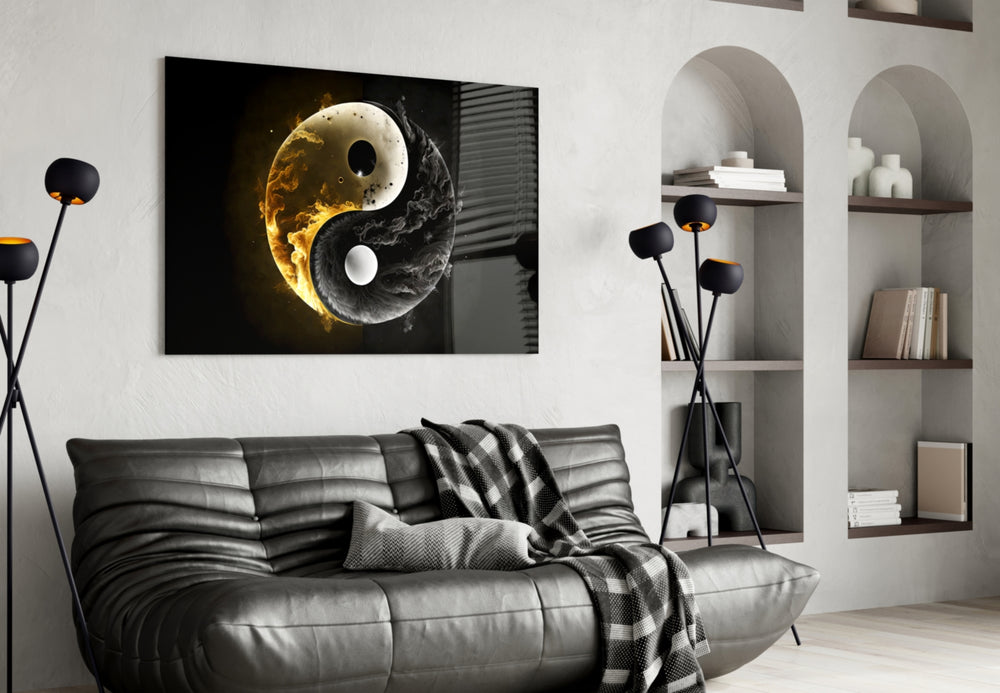 Ying Yang glass wall art styled above a sideboard in a den