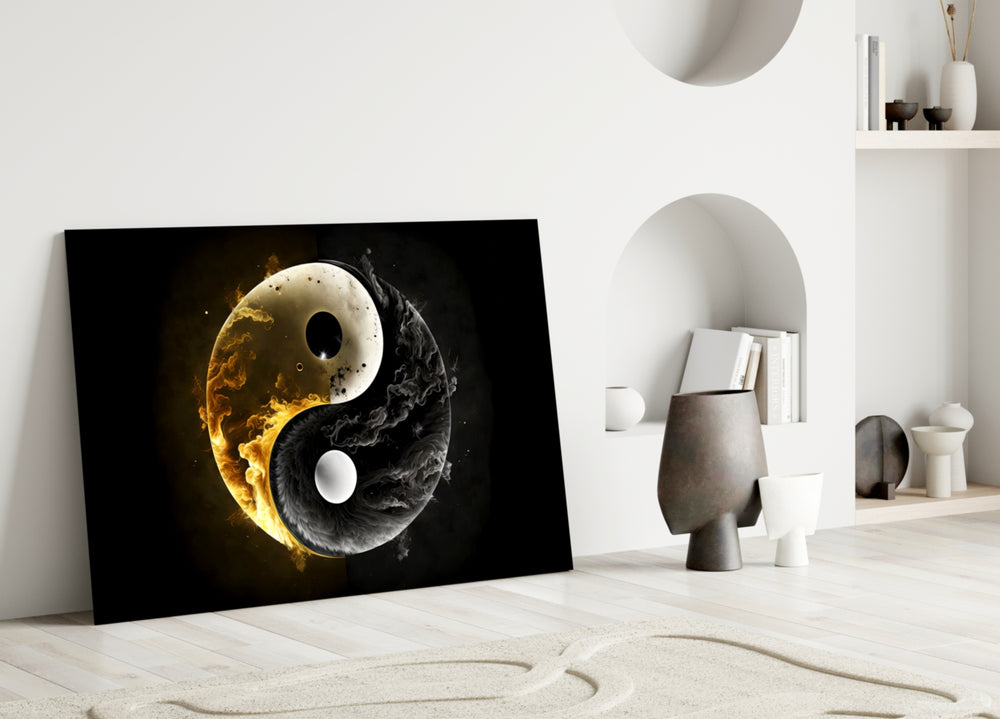 Ying Yang close-up showing golden flame and charcoal smoke halves
