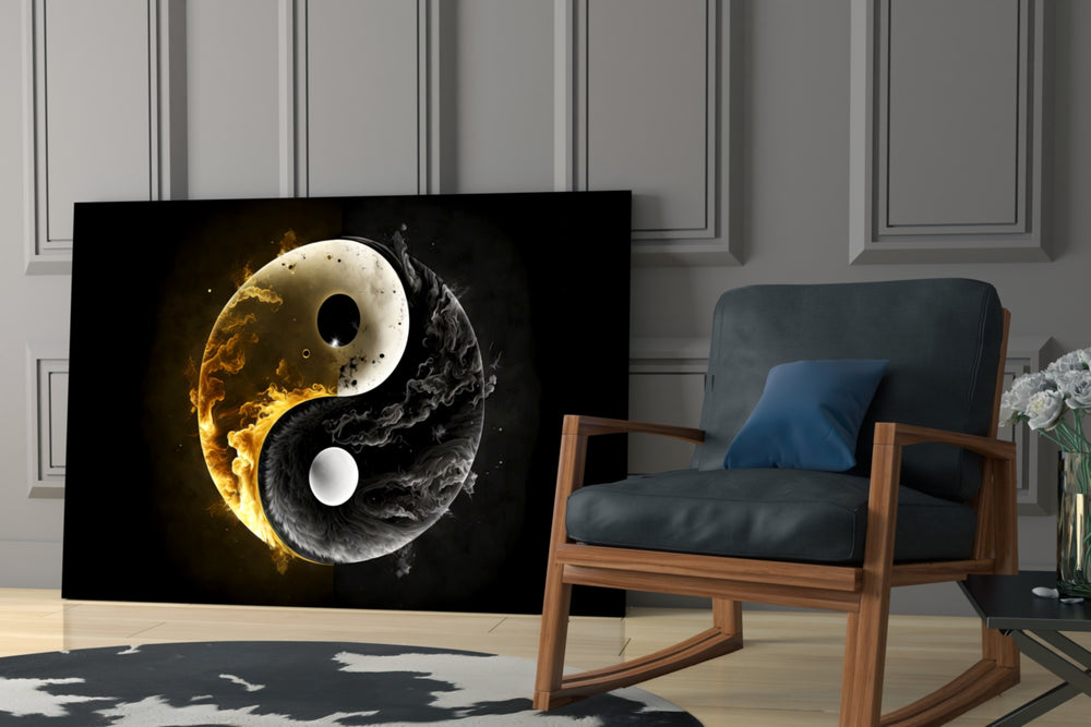Ying Yang glass print enhancing a meditation corner with statement calm