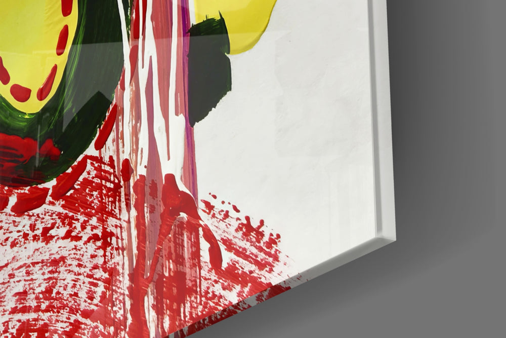 Contemporary-abstract artwork anchoring a wall with crimson-rose-and-indigo palette