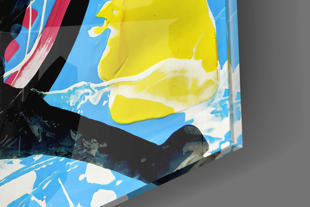 Contemporary-abstract artwork anchoring a wall with scribble-and-color-block palette