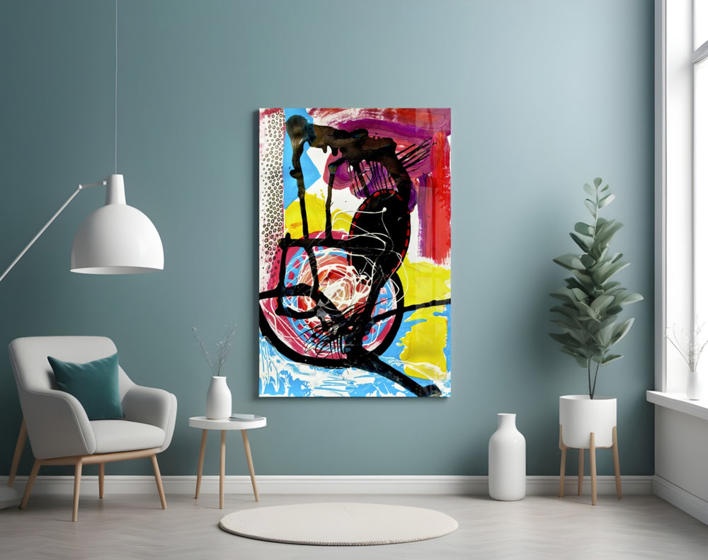 Dance of Abstract Lines glass wall art styled above a sideboard in a gallery wall