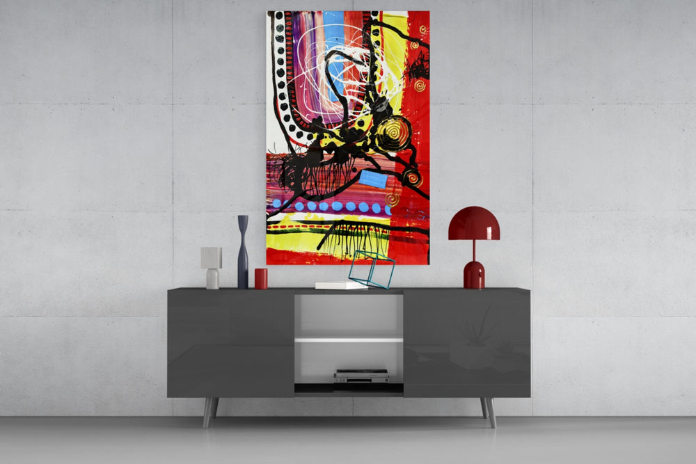 Dance of Abstract Lines panel catching lamp light to reveal its painterly depth