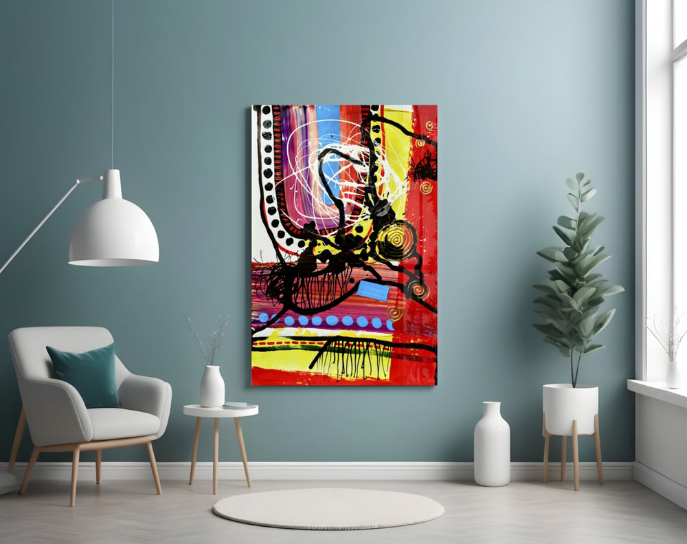 Dance of Abstract Lines glass wall art styled above a sideboard in a gallery wall