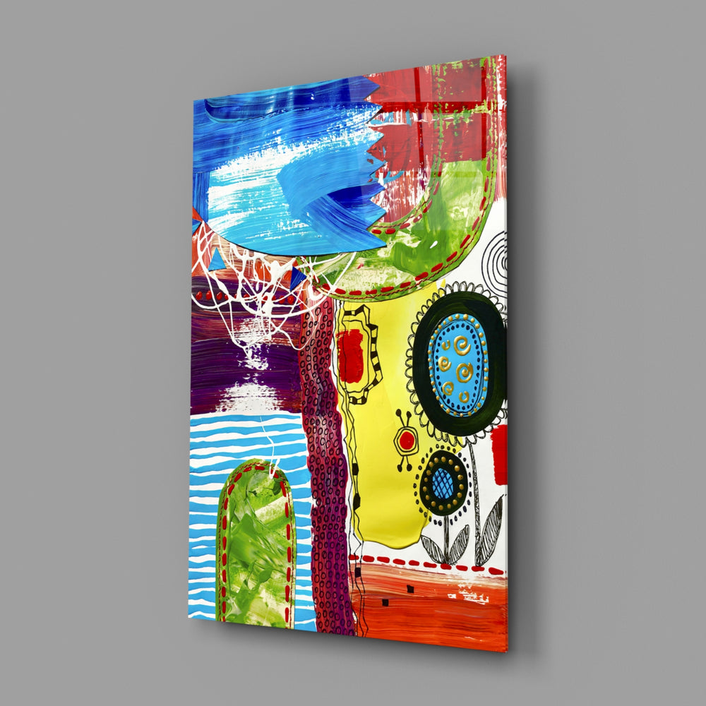 Folk-collage panel bringing painterly depth to a sunroom