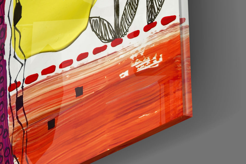 Contemporary-abstract artwork anchoring a wall with folk-doodle palette