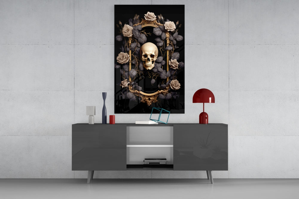 Skull Portrait panel catching lamp light to reveal its painterly depth
